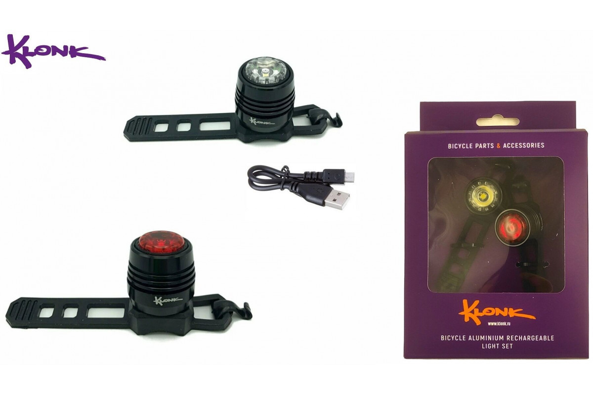 Фара комплект (передн. и задн.), 1 диод (0.5 Вт), 60LM, 38LM/15LM, 10LM, LiPo 3,7 V/ 220 mAh, KLONK,