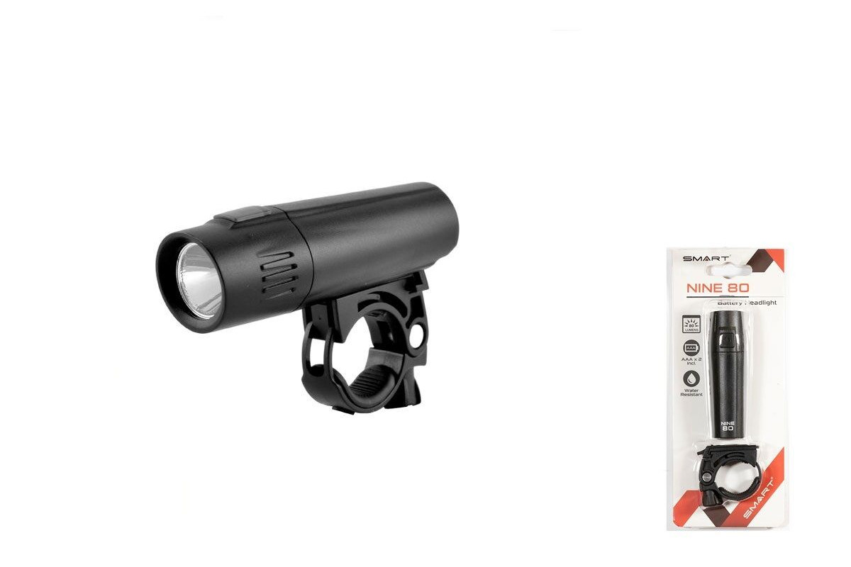 Фара передняя SMART NINE 80, 1 диод Nichia, 80 lumens, 2 режима, крепеж на руль 22.4-31.8 мм, с батарейками (BL193W-01)