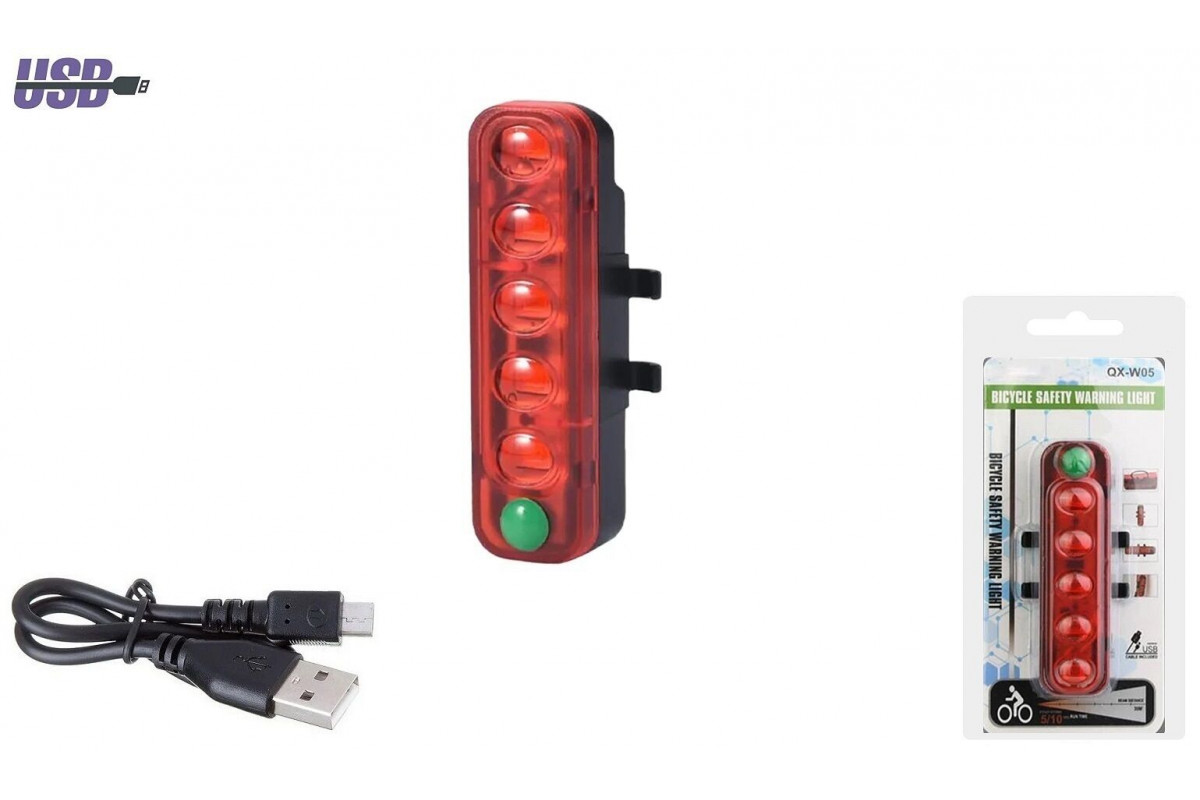 Фонарь задний аккумуляторный, USB, 5 LED V8, QX-W05