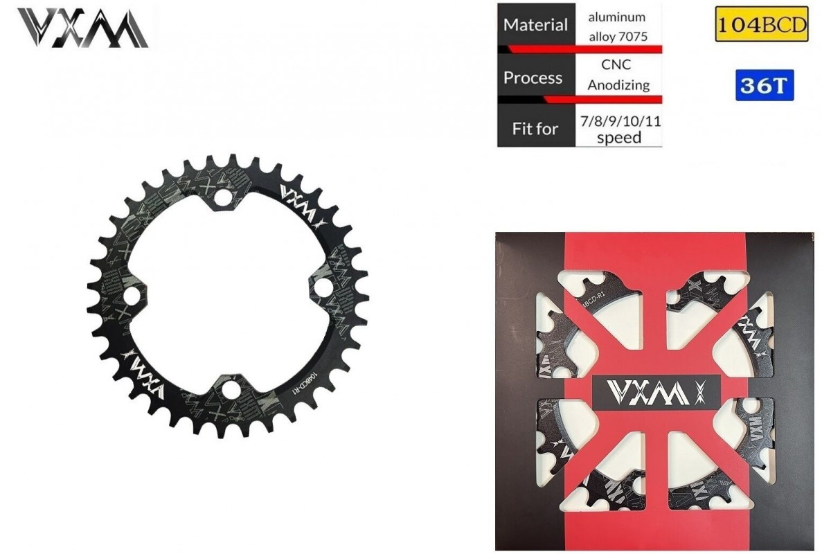 Звезда передняя ведущая, Round, Narrow Wide 104BCD, алюминиевая ALU-7005, 36T, VXM, инд. упак. (черный, УТ00022277)
