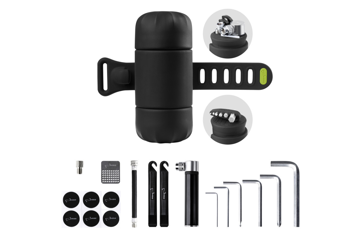 Держатель с интрументом 07-230220 Bike Portable Tool Kit силикон, в компекте: мини насос+шланг, шестигранники, монтажки, самоклейки 6шт, черный BONE